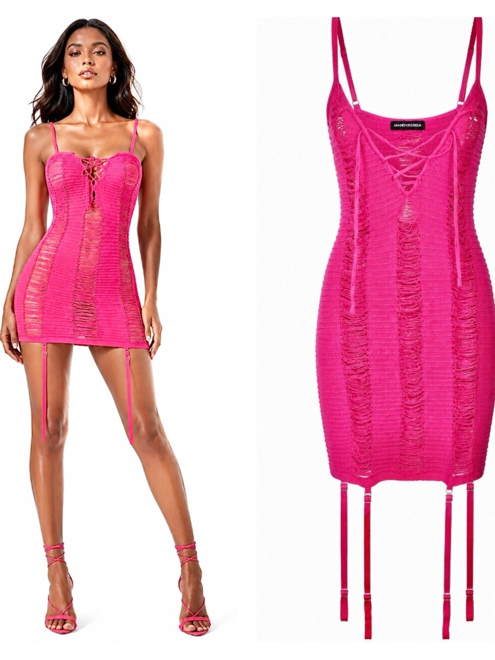 Maniere De Voir Fuchsia Knit Mini Dress with Garter Straps S